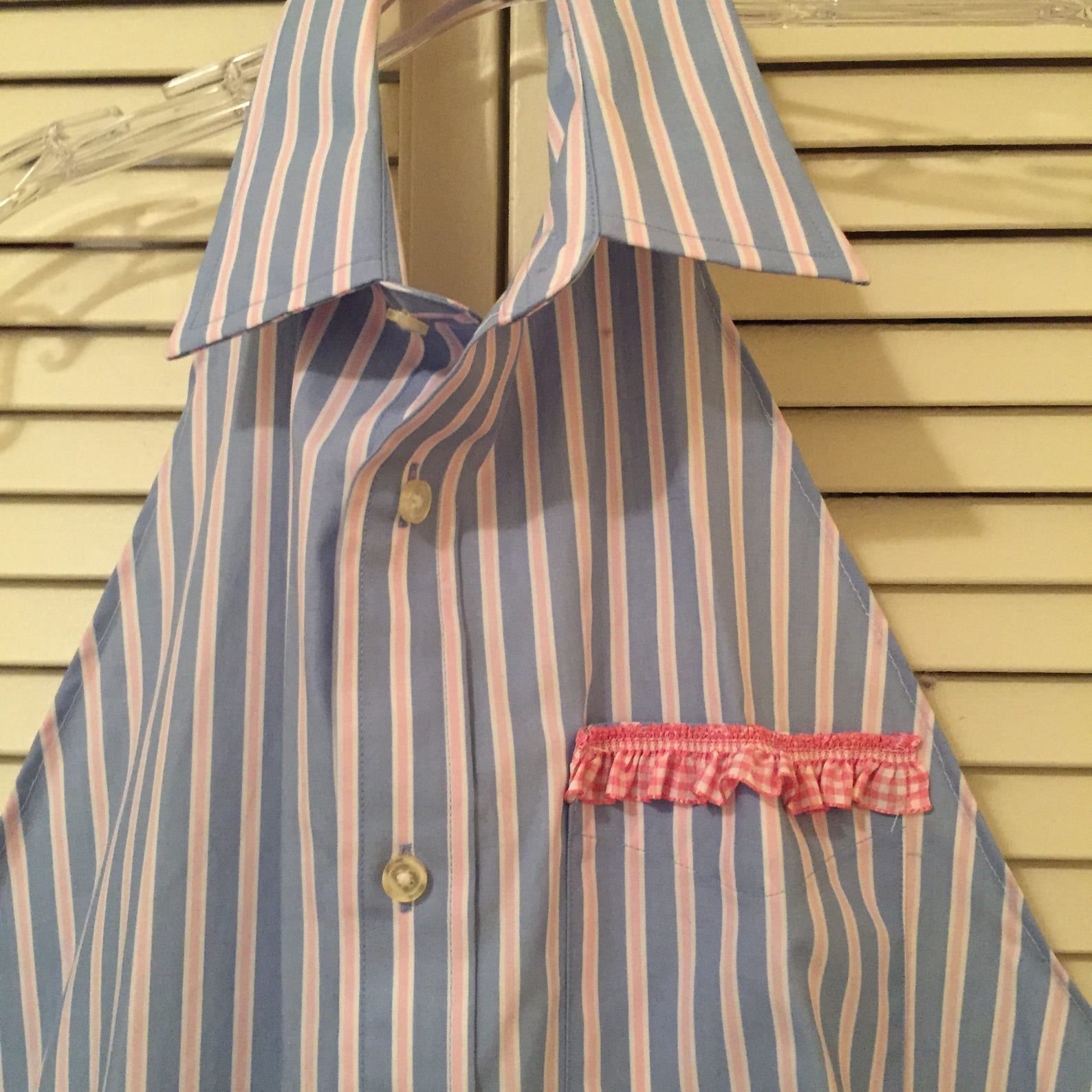 OOAK Apron/repurposed men's shirt/ pink ruffled trim | Etsy