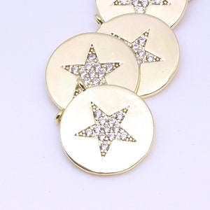 Gold or Silver Star cz Round token Pendant, Super fine Polish,Sparkly Star Coin Pendant,Celestial Jewelry, 1 pc or 10 pcs,CPG237-CPS237