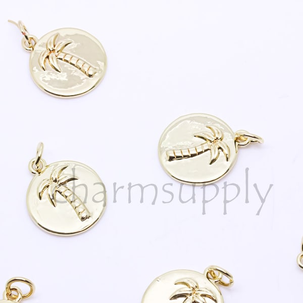 Gold Palm Tree Pendant, Tropical Tree Charm,14mm, Summer Vibe jewelry, 1 pc or 10 pcs, WHOLESALE,CPG261