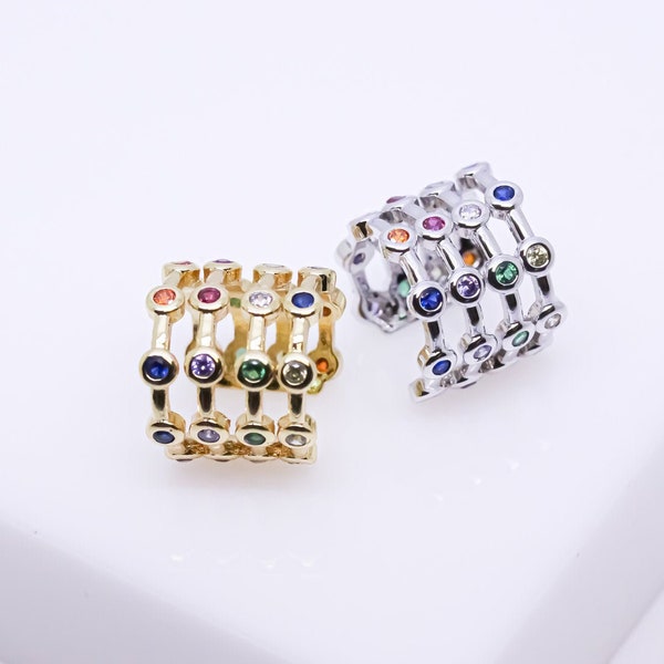 Gold 4 Rows Multi-Color Cz Chain Earcuff, Cz Earcuff, 13mm, Adjustable, 4-row Earcuff, Wrap Earring, No Piercing, 1 pc or 10 pcs, WHOLESALE