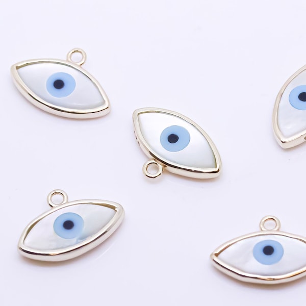 Gold Vermeil .925 Hand-set Bezel MOP Evil eye Pendant, Eye protection, 15x8mm, MOP Evil Eye Charm, 1 pc or 10 pcs, WHOLESALE,CPG176