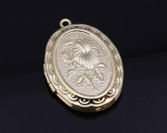 Large Gold Rose Pattern Oval Love Locket Pendant, 23x30mm, Rose Pattern Oval Locket Pendant, Love Lockets, 1 pc or 10 pcs, WHOLESALE