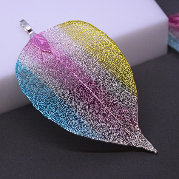 Rainbow Color Tri Color Real Leaf Dipped Pendant, Kaleidoscope, Colorful Leaf, Silver Tone, Whimsical, 1 pc or 10 pcs, WHOLESALE