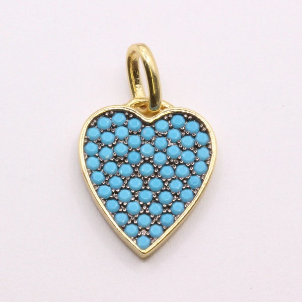 Sweet Turquoise cz heart pendant, 17x14mm, gift for her, turquoise cz heart, oval bail