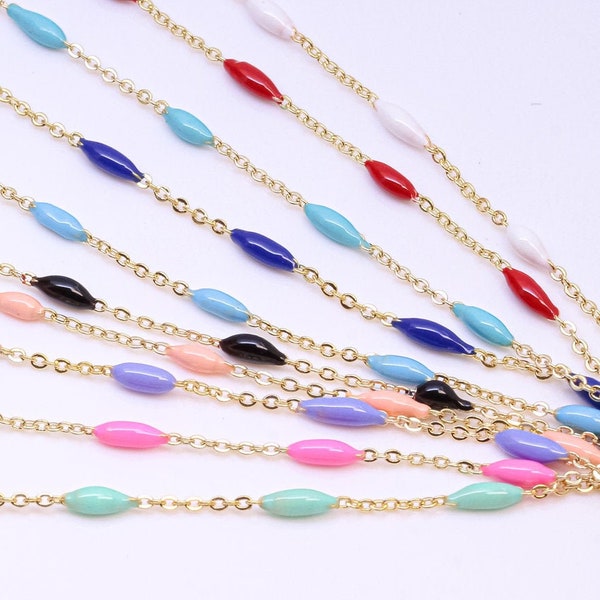 Gold Little Dainty Dropet Enamel Color Chain, Hand Made Chain, 10 colors variations, sell by footage, 1 ft, 10 ft, 30 ft, WHOLESALE