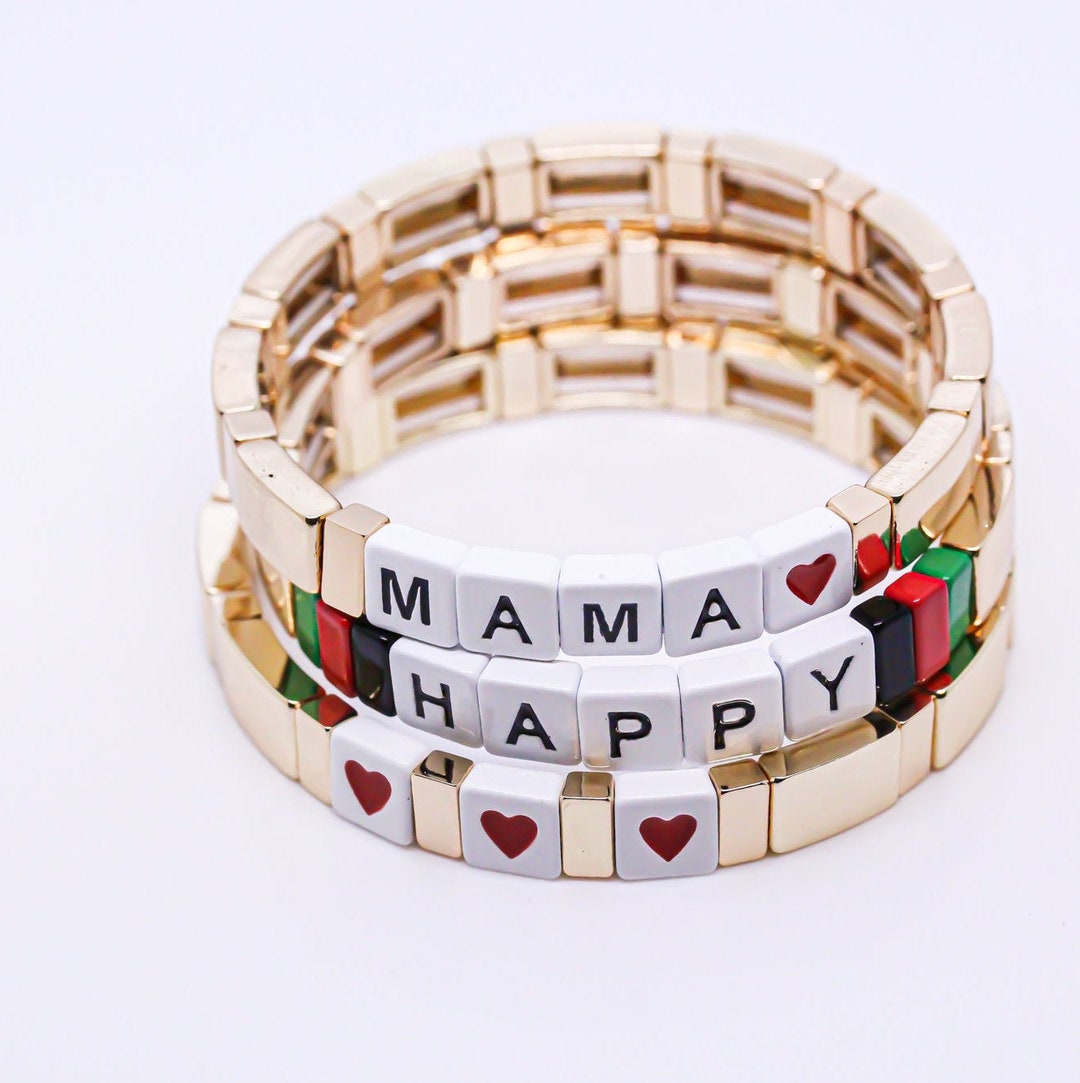 Enamel Tile Bracelet, Mama, Happy, Heart Handmade Enamel Tile Stretchy ...