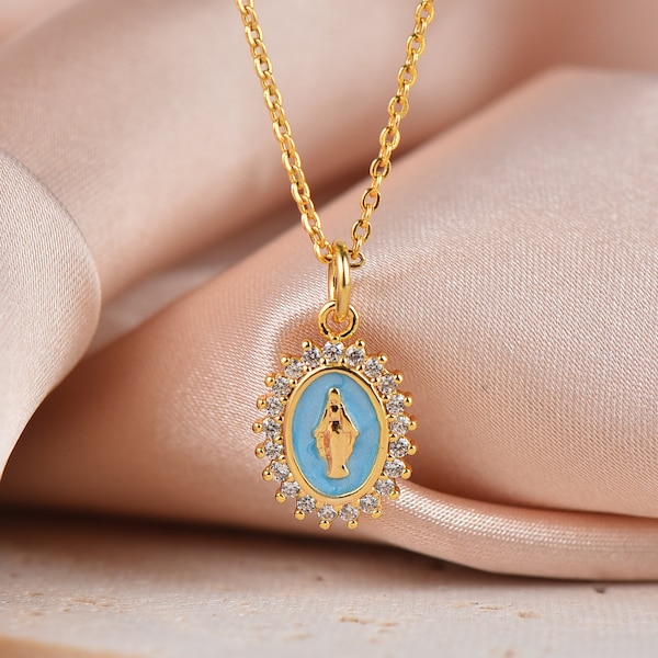 Gold Enamel centered Virgin Mary Dainty Pendant, 12.5x20mm, 3 colors, 1 pc or 10 pcs, WHOLESALE, CPG427