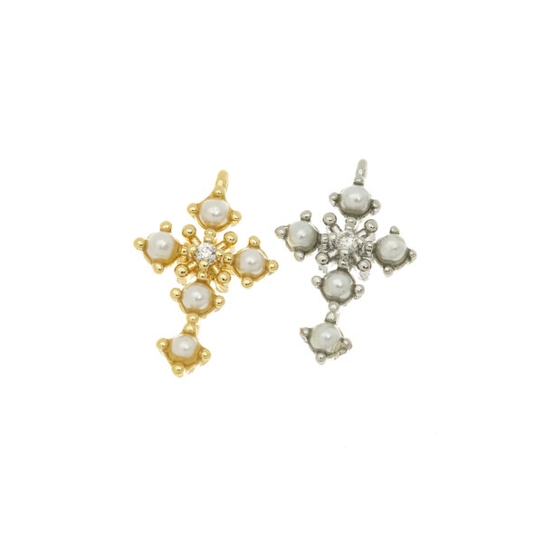 Pearl Gold Or Silver Cross Charm,Pave CZ Pearl Cross Pendant,Religious Pearl Jewelry,Cross For Charm Bracelet,CPG068,CPS068