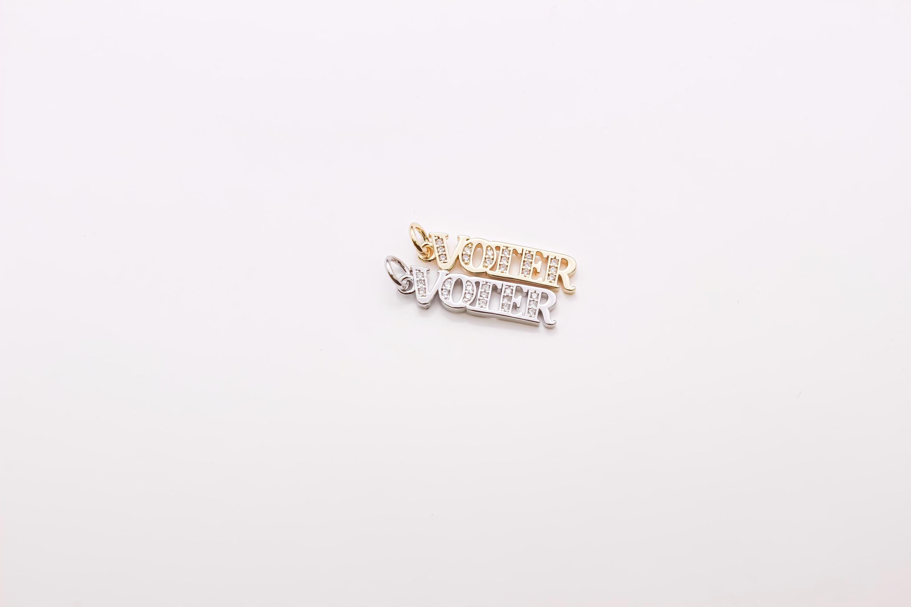 18K Gold or Silver VOTER Pendant, Crossword, English Nameplate Charm, CZ Micro Pave Voter Earrings Necklace for DIY Jewelry Making Supply