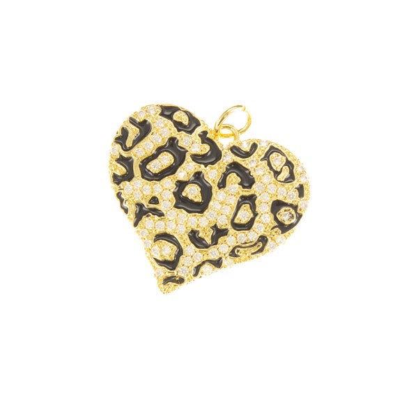 Two Tone Heart Charm ,Necklace Heart Charm For DIY Jewelry Making,Leopard Pave Gold Heart Charm, CPG006