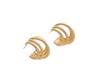 Gold Five Band Hoop Stud Earrings, Gold Plated Brass, Round