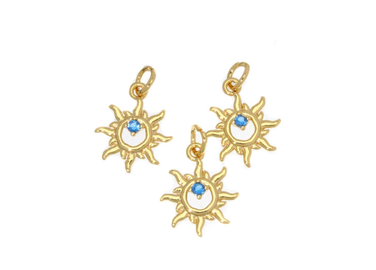 18k Gold Blue CZ Sun Charm, Summer Pendant, Sun Gold Charm, Celestial Jewelry, Super Sparkly Charm, Dainty Charm, CPG2490