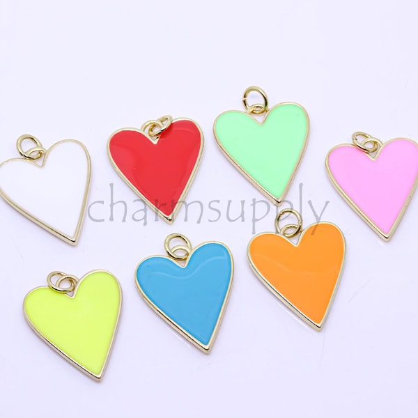 Gold Enamel Heart Pendant, 7 colors, Rainbow Neon Color, 18x20mm, Love Neon Mix Heart Pendant,  1 pc or 10 pcs, WHOLESALE,CPG203
