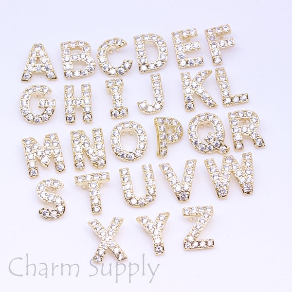 Gold Or Silver Curved cz Pave Alphabet, cz Letter Pendant, 8mm, 2 hole pendant, Monogram, High Polish, 1 pc or 1 full set, WHOLSALE