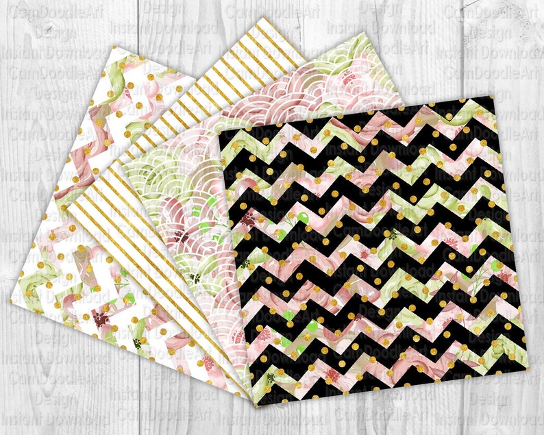 Puede incluir: Conjunto de seis dise&ntilde;os de papel digital con un patr&oacute;n floral con flores rosas y verdes, purpurina dorada y patrones geom&eacute;tricos en blanco y negro.