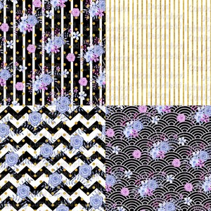 May include: Four digital paper patterns featuring a black background with gold and white geometric designs and purple and blue floral accents.