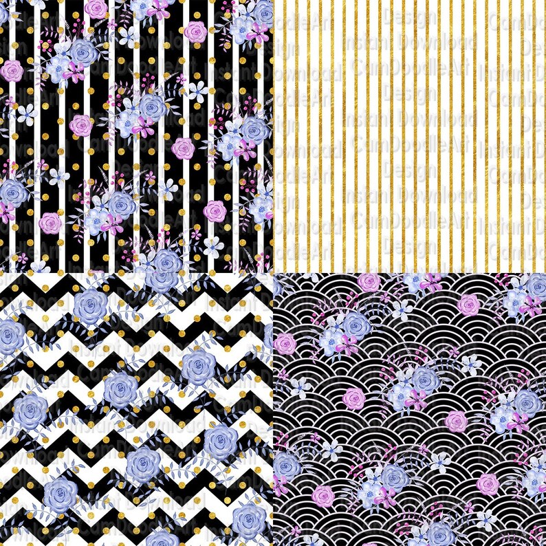 May include: Four digital paper patterns featuring a black background with gold and white geometric designs and purple and blue floral accents.