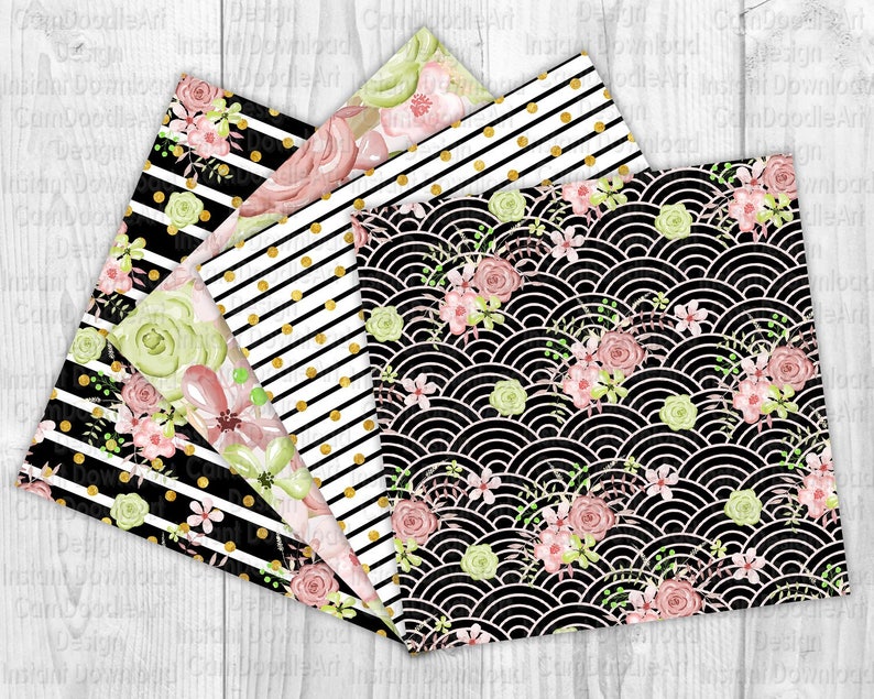 Puede incluir: Conjunto de cuatro dise&ntilde;os de papel digital con patrones en blanco y negro con acentos florales rosas y verdes. Los patrones incluyen lunares, rayas, un patr&oacute;n de ondas y un patr&oacute;n floral.