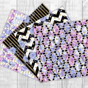 May include: Four digital paper designs featuring a black and white geometric pattern with gold accents and watercolor floral designs in shades of purple, blue, and pink.