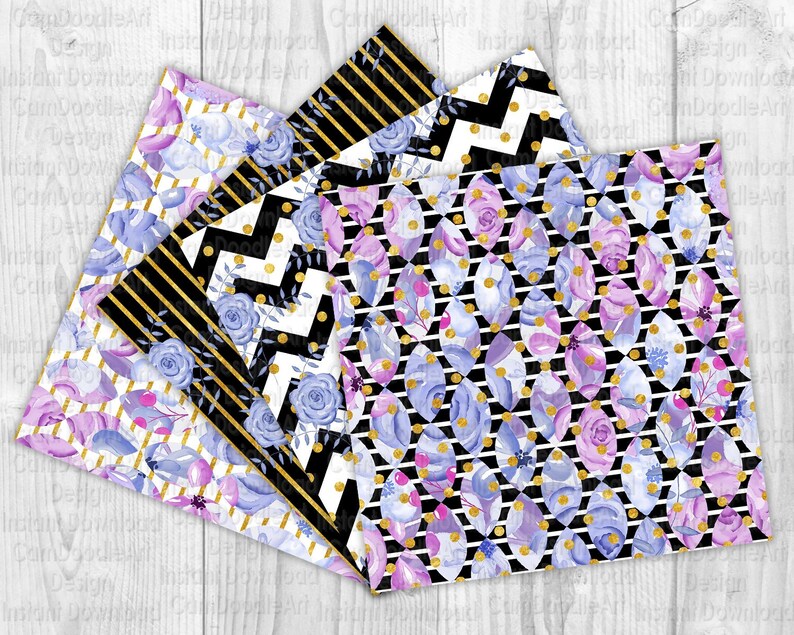 May include: Four digital paper designs featuring a black and white geometric pattern with gold accents and watercolor floral designs in shades of purple, blue, and pink.