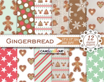Pan de jengibre papel Digital Pack, papel Digital de la Navidad, Navidad galletas, hombre de jengibre, Gingerbread corazón, Navidad de la hornada, Scrapbooking
