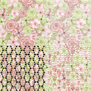 Puede incluir: Un paquete de papel digital con cuatro patrones diferentes. Los patrones incluyen dise&ntilde;os florales rosas y verdes, un patr&oacute;n geom&eacute;trico en blanco y negro y un patr&oacute;n blanco y verde con un dise&ntilde;o de ondas.