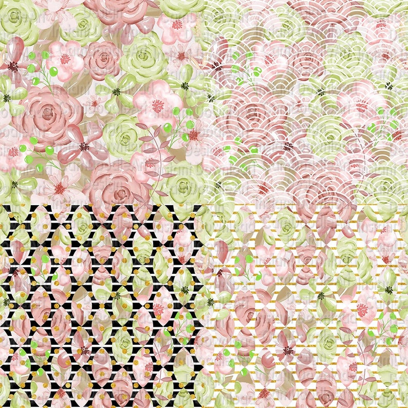 Puede incluir: Un paquete de papel digital con cuatro patrones diferentes. Los patrones incluyen dise&ntilde;os florales rosas y verdes, un patr&oacute;n geom&eacute;trico en blanco y negro y un patr&oacute;n blanco y verde con un dise&ntilde;o de ondas.