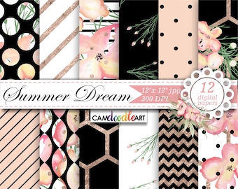 Acuarela Floral papel Digital Pack, rosa, negro, blanco y oro rosa, patrón de papel romántico, papel de Scrapbooking, acuarela flores