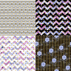 May include: Four digital paper patterns featuring a variety of designs. The first pattern is white with black stripes and gold polka dots. The second pattern is black with white chevron stripes and gold polka dots. The third pattern is white with purple and blue floral swirls and gold polka dots. The fourth pattern is black with gold vertical stripes and purple and blue flowers.