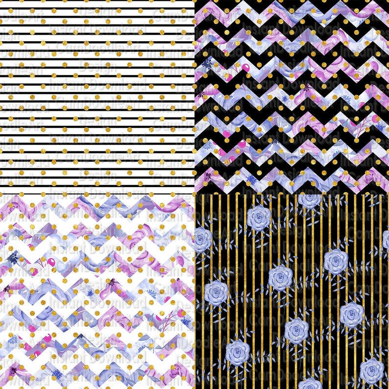 May include: Four digital paper patterns featuring a variety of designs. The first pattern is white with black stripes and gold polka dots. The second pattern is black with white chevron stripes and gold polka dots. The third pattern is white with purple and blue floral swirls and gold polka dots. The fourth pattern is black with gold vertical stripes and purple and blue flowers.