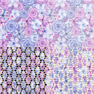 May include: A digital paper pack with four different patterns featuring watercolor floral designs in shades of purple and blue. The patterns include a floral design, a geometric pattern, a striped pattern, and a wave pattern.