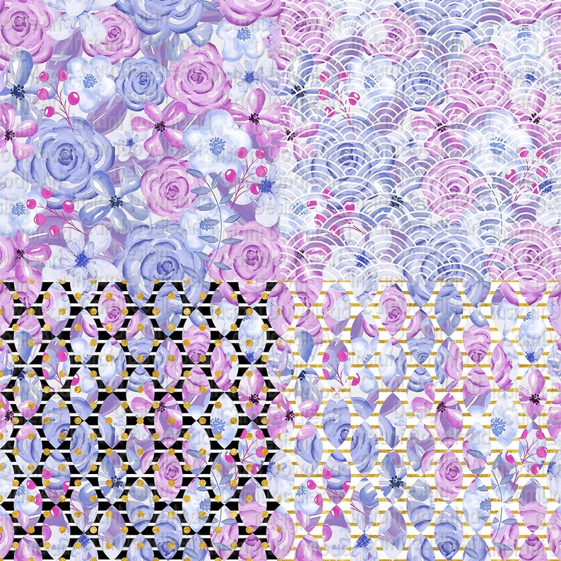 May include: A digital paper pack with four different patterns featuring watercolor floral designs in shades of purple and blue. The patterns include a floral design, a geometric pattern, a striped pattern, and a wave pattern.