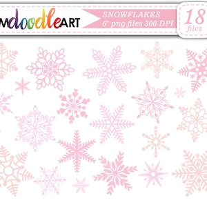 May include: A set of 18 pink snowflake illustrations. The snowflakes are various sizes and designs.  "SNOWFLAKES 6" png files 300 DPI 18 files" is written at the top of the image.