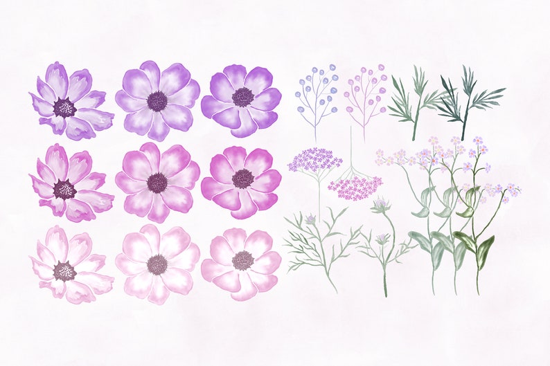 Pink and Purple Watercolor Flowers Clipart Set,Hand Painted Flowers,Watercolor Bouquets,Scrapbooking Clipart,Watercolor Floral, png file image 2