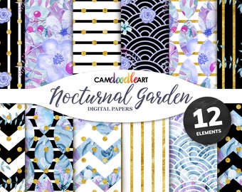 Watercolor Floral Digital Paper Pack,Blue and Purple, Black White & Gold, Romantic Paper Pattern,Scrapbooking Paper,Watercolor Flowers