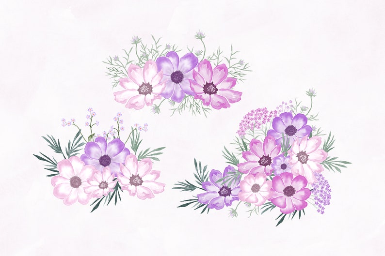 Pink and Purple Watercolor Flowers Clipart Set,Hand Painted Flowers,Watercolor Bouquets,Scrapbooking Clipart,Watercolor Floral, png file image 3