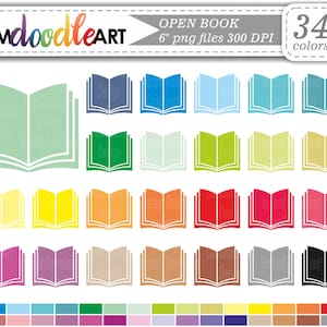 Könnte beinhalten: Ein Set mit 34 bunten Illustrationen von offenen Büchern. Jedes Buch ist eine 15 cm große PNG-Datei mit 300 DPI. Die Farben umfassen Blau, Grün, Gelb, Orange, Rot, Rosa, Lila, Braun, Grau und Schwarz.