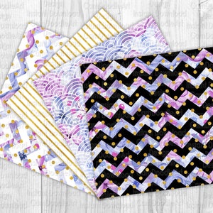 May include: Set of six digital paper patterns featuring a purple and gold floral design with polka dots, stripes, and chevron patterns.