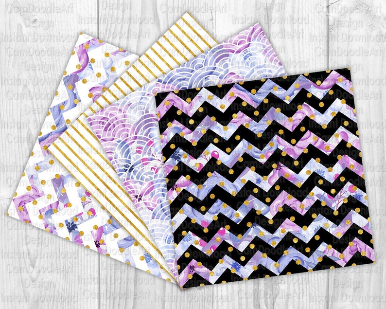 May include: Set of six digital paper patterns featuring a purple and gold floral design with polka dots, stripes, and chevron patterns.