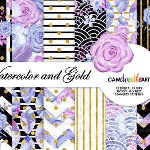 May include: A set of 12 digital papers featuring watercolor floral patterns in shades of purple and blue, combined with gold geometric designs. The papers are seamless and perfect for crafting projects.