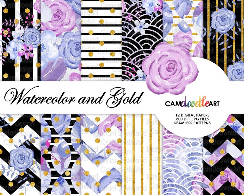 May include: A set of 12 digital papers featuring watercolor floral patterns in shades of purple and blue, combined with gold geometric designs. The papers are seamless and perfect for crafting projects.