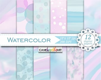 Acuarela color de rosa y azul papel Digital Pack, papel de Scrapbooking, papel de acuarela