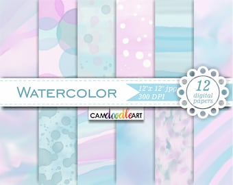 Watercolor Pink and Blue Digital Paper Pack,Scrapbooking Paper, Watercolor Paper