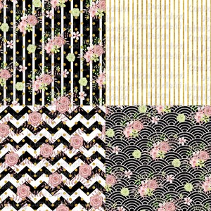 Puede incluir: Cuatro patrones de papel digital con fondo blanco y negro y dise&ntilde;os florales rosas y verdes. Los patrones incluyen lunares, rayas, chevron y un dise&ntilde;o de onda japonesa.