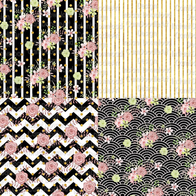 Puede incluir: Cuatro patrones de papel digital con fondo blanco y negro y dise&ntilde;os florales rosas y verdes. Los patrones incluyen lunares, rayas, chevron y un dise&ntilde;o de onda japonesa.