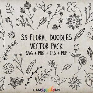 35 Floral Doodles Vector Pack, Hand Drawn Doodle Clipart ,Leaves and Flowers, Sketch, Drawing, Vector, EPS, PDF, PNG file