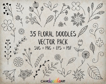 35 Floral Doodles Vector Pack, Hand Drawn Doodle Clipart ,Leaves and Flowers, Sketch, Drawing, Vector, EPS, PDF, PNG file