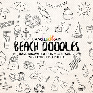 37 Beach Doodles Vector Pack, Hand Drawn Doodle Clipart ,Beach Clipart, Summer Clipart, Sketch, Drawing, Vector, EPS, PDF, PNG, Ai file