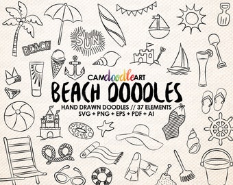 37 plage Doodles Vector Pack, Clipart de Doodle dessiné à la main, plage Clipart, Clipart d’été, croquis, dessin, vecteur, EPS, PDF, PNG, fichier Ai