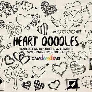 32 Doodle Hearts Vector Pack, Hand Drawn Doodle Clipart ,Hand Drawn Hearts, Sketch, Drawing, Vector, EPS, PDF, PNG, Ai file